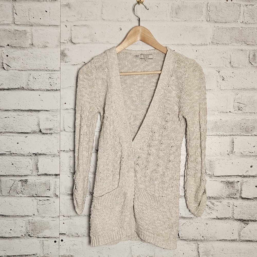 Guess Cream Knit Cardigan Sweater Cozy Open Front Boho Cottagecore